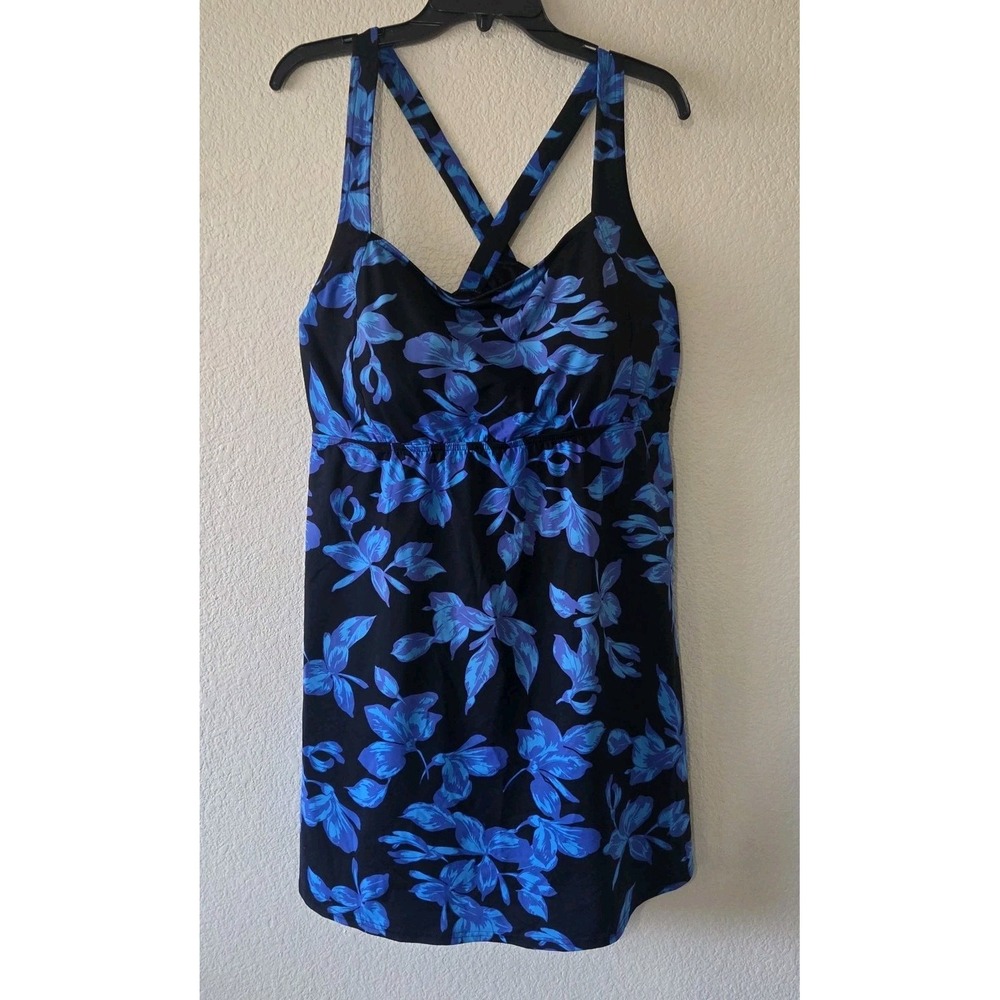Lands End Swim Top Tankini Size 22W DD Underwire Padded Cup Black Blue Floral